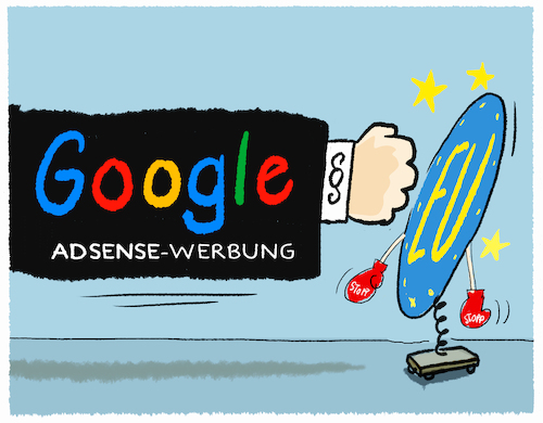 Cartoon: Google gegen EU... (medium) by markus-grolik tagged google,adsense,werbung,suchmaschine,eu,europa,klage,kommission,google,adsense,werbung,suchmaschine,eu,europa,klage,kommission