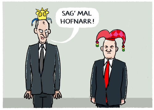 Cartoon: Hofnarr-Berichterstattung... (medium) by markus-grolik tagged hofnarr,scholz,spd,cdu,merz,deutschland,chialo,focus,bild,hofnarr,scholz,spd,cdu,merz,deutschland,chialo,focus,bild