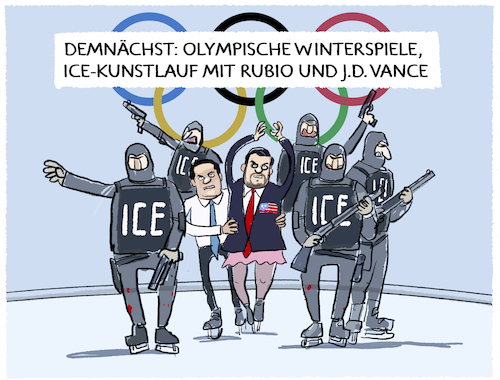 Cartoon: I.C.E. bei Olympia (medium) by markus-grolik tagged ice,haimatschutz,olympische,winterspiele,italien,privatarmee,rubio,vance,usa,ice,haimatschutz,olympische,winterspiele,italien,privatarmee,rubio,vance,usa