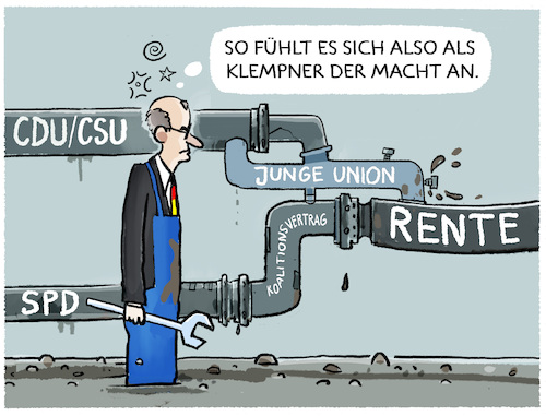 Cartoon: Klempnerkanzler... (medium) by markus-grolik tagged rentenreformer,merz,ju,cdu,junge,union,rentenpaket,deutschland,generationen,gerechtigkeit,rente,verschuldung,umlagesystem,spd,rentenreformer,merz,ju,cdu,junge,union,rentenpaket,deutschland,generationen,gerechtigkeit,rente,verschuldung,umlagesystem,spd