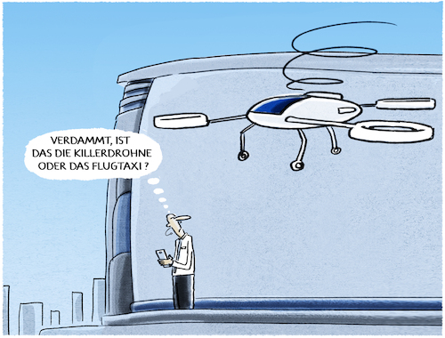Cartoon: Luftraum... (medium) by markus-grolik tagged luftraum,innovation,drohnen,flugtaxi,technik,versprechen,zukunft,militär,luftraum,innovation,drohnen,flugtaxi,technik,versprechen,zukunft,militär