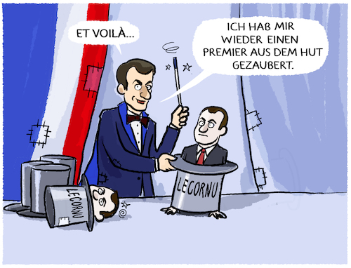 Cartoon: Macrons alter Hut... (medium) by markus-grolik tagged paris,macron,frankreich,premierminister,lecornu,europa,schulden,demokratie,paris,macron,frankreich,premierminister,lecornu,europa,schulden,demokratie