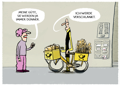 Cartoon: Massiver Stellenabbau bei Post (medium) by markus-grolik tagged stellenabbau,post,briefzutellung,briefe,postbote,zustellung,verschlankung,stellenabbau,post,briefzutellung,briefe,postbote,zustellung,verschlankung