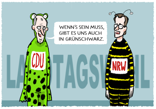 Cartoon: NRW wählt ... (medium) by markus-grolik tagged cdu,fdp,hendrik,wuest,koalition,gruene,merz,lindner,koalitionsangebot,deutschland,schwarzgruen,schwazgelb,nrw,nordrhein,westfalen,cdu,fdp,hendrik,wuest,koalition,gruene,merz,lindner,koalitionsangebot,deutschland,schwarzgruen,schwazgelb,nrw,nordrhein,westfalen
