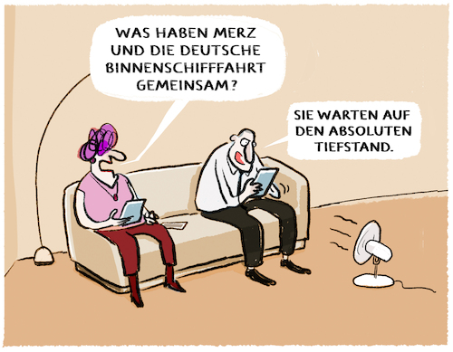 Cartoon: Pegelstände... (medium) by markus-grolik tagged tiefstand,umfragewerte,regierung,kanzler,merz,rhein,deutschland,binnenschifffahrt,transport,sommer,hitze,klima,klimawandel,duerre,fluss,tiefstand,umfragewerte,regierung,kanzler,merz,rhein,deutschland,binnenschifffahrt,transport,sommer,hitze,klima,klimawandel,duerre,fluss