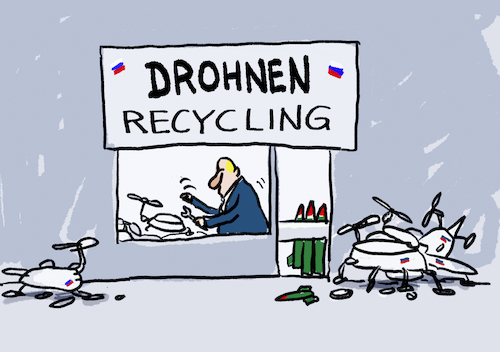 Cartoon: Putins start-up (medium) by markus-grolik tagged ssland,putin,drohnenkrieg,ukraine,moskau,europa,drohnen,recycling,nato,usa,china,ssland,putin,drohnenkrieg,ukraine,moskau,europa,drohnen,recycling,nato,usa,china