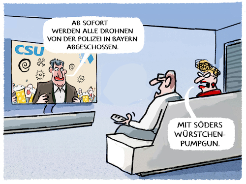 Cartoon: Schießbefehl bei Drohnensichtung (medium) by markus-grolik tagged drohnen,drohnensichtung,abschuss,polizei,bundeswehr,zustaendigkeiten,deutschland,bayern,schiessbefehl,soeder,csu,wuerstchen,pumpgun,oktoberfest,populismus,drohnen,drohnensichtung,abschuss,polizei,bundeswehr,zustaendigkeiten,deutschland,bayern,schiessbefehl,soeder,csu,wuerstchen,pumpgun,oktoberfest,populismus