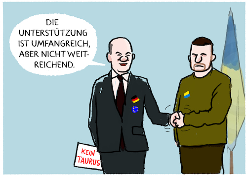 Cartoon: Scholz und Selenskyj... (medium) by markus-grolik tagged selenskyj,scholz,deutschland,ukraine,krieg,russland,putin,taurus,waffen,unterstuetzung,luftabwehr,verteidigung,nato,selenskyj,scholz,deutschland,ukraine,krieg,russland,putin,taurus,waffen,unterstuetzung,luftabwehr,verteidigung,nato