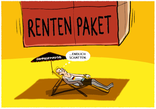 Cartoon: Sommerpause... (medium) by markus-grolik tagged merz,kanzler,bundeskanzler,koalition,sommerpause,rentenpaket,rente,mit,63,reform,cdu,spd,deutschland,bundesregierung,sommerpause,rentenpaket,rente,mit,63,reform,cdu,spd,deutschland,bundesregierung