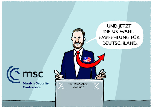 Cartoon: US-Wahleinmischung... (medium) by markus-grolik tagged msc,siko,sicherheitskonferenz,us,maga,jd,vance,trump,musk,usa,europa,eu,deutschland,wahlen,neuwahlen,wahlkampf,demokratie,wahleinmischung,afd,weidel,msc,siko,sicherheitskonferenz,us,maga,jd,vance,trump,musk,usa,europa,eu,deutschland,wahlen,neuwahlen,wahlkampf,demokratie,wahleinmischung,afd,weidel