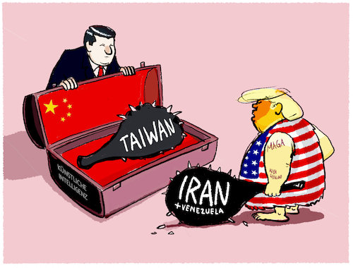 Cartoon: USA und China... (medium) by markus-grolik tagged usa,china,trump,grossmacht,imperialismus,xi,jinping,einflusssphaeren,geopolitik,weltwirtschaft,taiwan,venezuela,iran,wirtschaft,öl,gas,usa,china,trump,grossmacht,imperialismus,xi,jinping,einflusssphaeren,geopolitik,weltwirtschaft,taiwan,venezuela,iran,wirtschaft,öl,gas