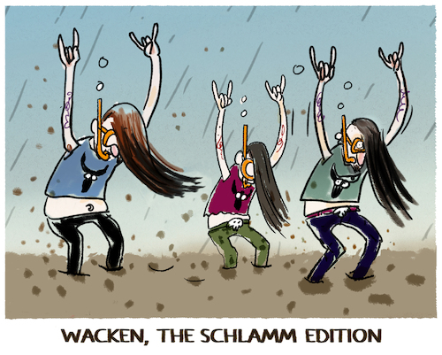 Cartoon: Wacken 2023 (medium) by markus-grolik tagged wacken,hardrock,openair,festival,sanitaer,metal,heavy,laermpegel,fans,schlamm,regen,wacken,hardrock,openair,festival,sanitaer,metal,heavy,laermpegel,fans,schlamm,regen