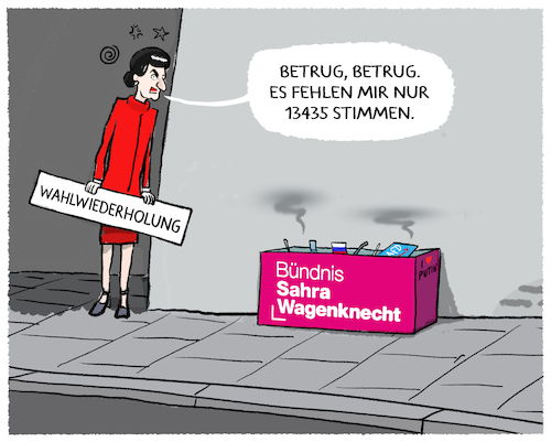 Cartoon: Wagenkecht will Wahlen anfechten (medium) by markus-grolik tagged deutschland,wahlen,wahlwiederholung,bsw,anfechtung,bundestagswahl,wagenknecht,bundestag,deutschland,wahlen,wahlwiederholung,bsw,anfechtung,bundestagswahl,wagenknecht,bundestag