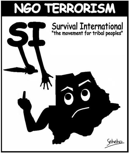Cartoon: NGO TERROR (medium) by Thamalakane tagged botswana,survival,international,bushmen,blood,diamonds