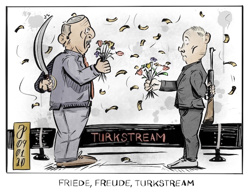 Cartoon: Friede Freude TurkStream (medium) by Justen tagged türkei,russland,erdogan,putin,gas,pipeline,libyen,europa,türkei,russland,erdogan,putin,gas,pipeline,libyen,europa