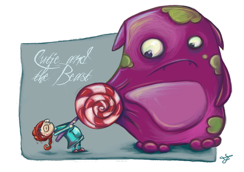 Cartoon: Cutie and the Beast (medium) by Lissy tagged beast,cute,pink,kleid,mädchen,lollie,monster