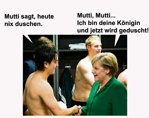 Cartoon: Frau Merkel will duschen (medium) by Ludwig tagged kanzlerin,türkei,özil,fussball,merkel,länderspiel,kabine,nationalmannschaft