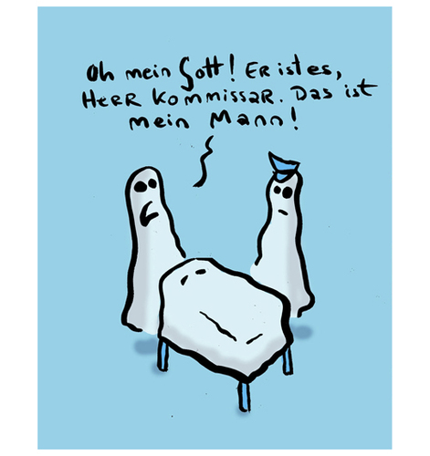 Cartoon: In der Geister Pathologie (medium) by Ludwig tagged geiter,polizei,tatort,pathologie,eheman,tot,identifizierung,kommissar,kriminalkommissar,leiche,toter,ghost,laken,gespenst