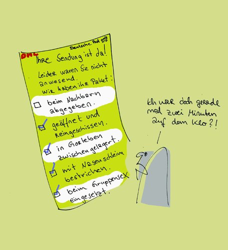 Cartoon: Zustellbenachrichtigung (medium) by Ludwig tagged zustellbenachrichtigung,post,dhl,sendung,pakt,versandhinweis,anlieferung