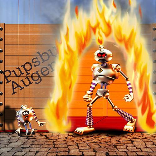 Cartoon: Good Schlupp - Bad Schlupp (medium) by Michael Böhm tagged robot,schlupp,puppet,good,bad,fire,box,wood