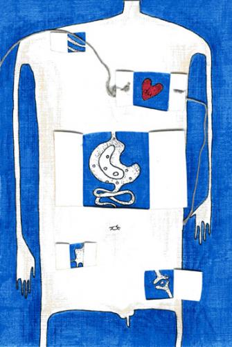 Cartoon: He (medium) by flyingfly tagged card,man,he,body,blue,heart,stomach,bone,die,love,hand,window,act