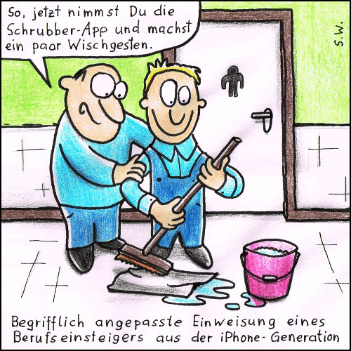 Cartoon: Berufseinsteiger (medium) by Storch tagged wischgeste,schrubber,reinigung,eimer,toilette,fliesen,iphone,smartphone,tablet