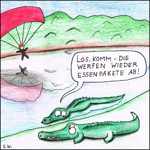 Cartoon: Hungerhilfe (medium) by Storch tagged hungerhilfe,essenpakete,fallschirm,krokodile,fluss,regenwald,dritte,welt