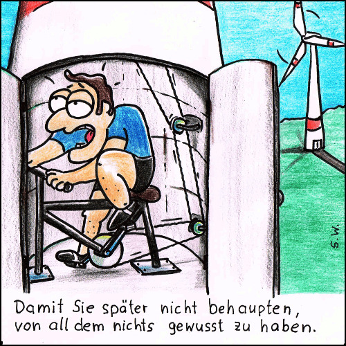 Cartoon: Sogenannte Windkraft (medium) by Storch tagged windkraft,fahrrad,lüge,wahrheit,erneuerbare,energie,öko,strom,zwangsarbeit