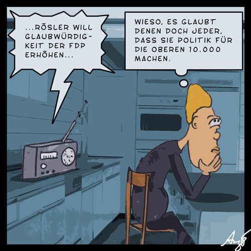 Cartoon: Glaubwürdigkeit (medium) by Anjo tagged westerwelle,rösler,wahlen,umfragewerte,fdp,glaubwürdigkeit