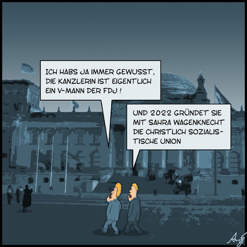 Cartoon: Merkel-Vergangenheit (medium) by Anjo tagged wagenknecht,sozialismus,vmann,vergangenheit,kanzlerin,fdj,merkel,sarah,merkel,fdj,kanzlerin,vergangenheit,sozialismus,wagenknecht,sarah