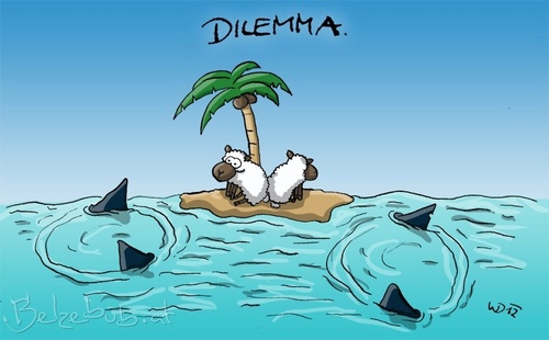 Cartoon: Dilemma (medium) by Belzebub tagged dilemma,die,lämmer,wortwitz,haie,sharks,shark,sheep,schafe,schaf,lamb,lamm,insel,island