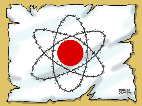 Cartoon: Japan faces nuclear disaster (medium) by Satish Acharya tagged japan,nuclear,tsunami,earthquake