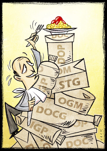 Cartoon: food labels (medium) by Giacomo tagged etichette,del,cibo,scatolette,ogm,spaghetti,fame,italiano,giacomo,cardelli,lombrio,jack