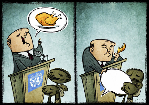 Cartoon: nato summit (medium) by Giacomo tagged nato,summit,beneficence,poverty,wealth,aid,hunger,food,chicken,policy,promises,campaign,g20g8,giacomo,cardelli
