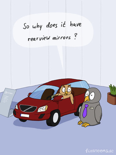 Cartoon: CAR PURCHASE (medium) by Frank Zimmermann tagged car,purchase,owl,mirror,volvo,tie,necktie,tire,plant,new,fcartoons