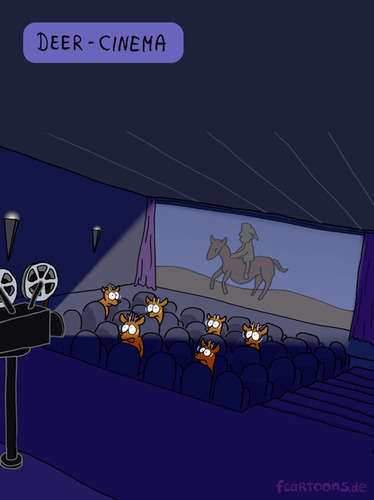 Cartoon: CINEMA (medium) by Frank Zimmermann tagged cinema,reh,kino,deer,projector,dark,dancing,wolves,eyes,augen,cartoon
