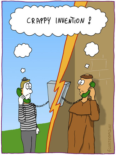 Cartoon: INVENTION (medium) by Frank Zimmermann tagged think,phone,telephone,crappy,monk,invention,mönch,pantomime,pullover,hut,tonsur