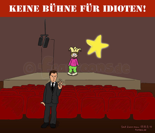 Cartoon: keine Bühne für Idioten! (medium) by Frank Zimmermann tagged keine,bühne,für,idioten,clown,security,theater,narr,idiot,lautsprecher,dsds,kino,sitze
