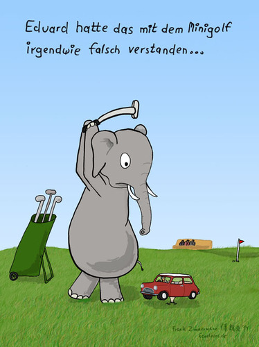 Cartoon: Minigolf (medium) by Frank Zimmermann tagged elephant,elefant,rover,austin,mini,golf,minigolf,zuschauer,schläger,abschlag