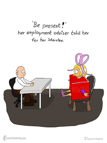 Cartoon: tip for job interview (medium) by Frank Zimmermann tagged tip,for,job,interview,present,pun,girl,woman,table,advise,ribbon,blond,boss,bald,old,shoes,chair