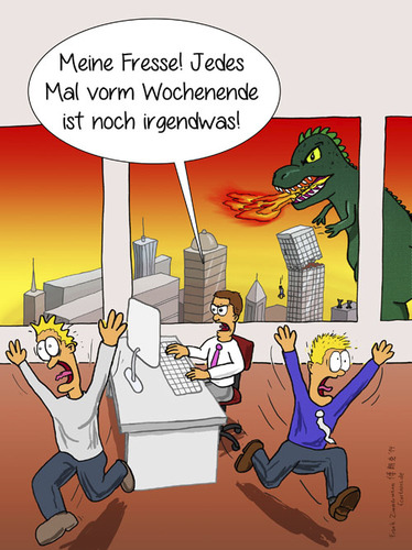 Cartoon: Wochenende (medium) by Frank Zimmermann tagged trex,apple,desk,computer,imac,panik,schreien,arbeiten,arbeit,skyscraper,weltuntergang,schreibtisch,monster,wochenende