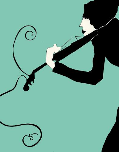 Cartoon: Viola Girl (medium) by Octavine Illustration tagged music,indie,rock,viola,violin,strings,girl,woman,art,deco,nouveau,green,black
