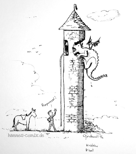 Cartoon: der Rapunzel-Drache (medium) by Hannes tagged inktober,rapunzel,rapunzelhair,dragon,drache,knight,cavalier,ritter,tower,fable,tangled