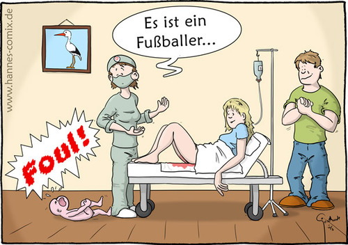 Cartoon: es ist ein Fußballer (medium) by Hannes tagged abseits,foul,frau,fußball,fußballer,geburt,hebamme,kind,mann,schwalbe,storch,tor