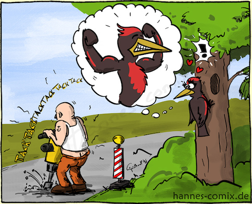 Cartoon: Frühlingsgefühle (medium) by Hannes tagged specht,presslufthammer,baustelle,frühlingsgefühle,natur,wow