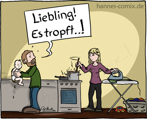 Cartoon: Liebling! Es tropft! (medium) by Hannes tagged papi,mami,eltern,kinder,nachwuchs,dieliebenkleinen,powerfrau,windeln,haushalt,hausmann,weltfrauentag,internationalwomensday