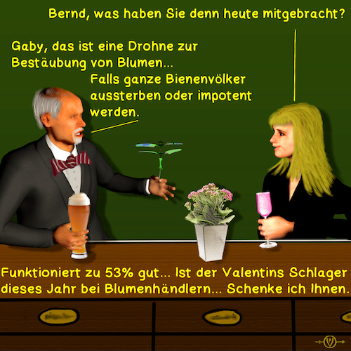 Cartoon: Bargespräche 12 Valentinstag (medium) by PuzzleVisions tagged puzzlevisions,bestäuben,inseminate,blumen,flowers,valentine,valentinstag,drohne,drone,bargespräch,bar,talk