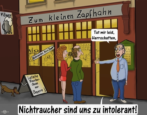 Cartoon: intolerant (medium) by PuzzleVisions tagged bayern,bier,kneipe,nichtraucher,raucher,intolerant,bavaria,beer,nonsmoking,pub,smoking