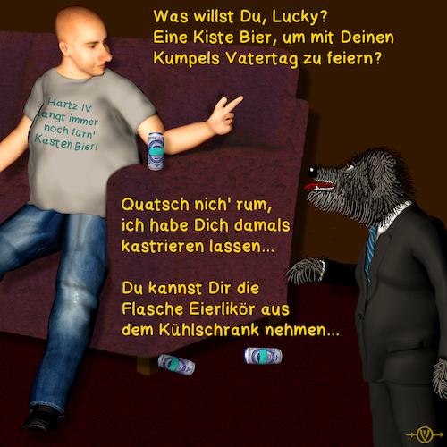 Cartoon: Karli und Lucky Vatertag (medium) by PuzzleVisions tagged puzzlevisions,karli,lucky,vatertag,fathers,day,beer,bier,egg,nogg,eierlikör