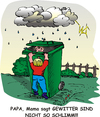 Cartoon: Gewitterangst (small) by Leopold tagged grüne,tonne,sohn,vater,gewitter,donner,regen,versteck,blitz,schutz